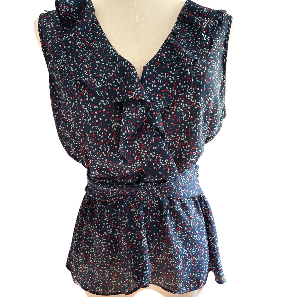Max Studio Navy Blue Floral Ruffle Wrap Blouse Sleeveless V-Neck Top Small